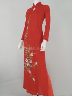 Áo Dài đỏ lụa giản hoa Xuân | Vietnamese Ao Dai Red Embroidered Ao Dai For Festive Occasions, Festive Red Embroidered Ao Dai, Traditional Red Ao Dai For Festivals, Red Embroidered Fitted Ao Dai, Red Ao Dai For Spring Wedding, Red Fitted Ao Dai For Festivals, Elegant Red Ao Dai For Festivals, Spring Embroidered Red Ao Dai, Vietnamese Ao Dai