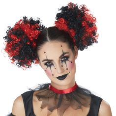 Red & Black Clown Hair Puffs #Black, #Red, #Clown, #Puffs #Ad Clown Hairstyles, Fete Emo, Scary Clown Costume, Clown Costume Women, Clown Hair, Scary Clown Makeup, Pumpkin Halloween Costume