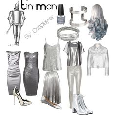 a group of silver outfits and shoes with the words tin man written above them in white