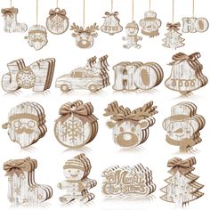 wooden christmas ornaments hanging from strings with ribbons and bows on them, all in different designs