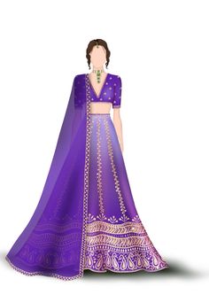 a woman in a purple and gold lehenga