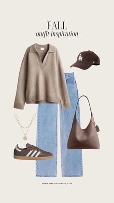 Beige Sweater Outfit, School Outfits Comfy, Coach Outfits, Adidas Samba Outfit, Ny Outfits, Samba Outfit, Collared Sweater, Fall Outfit Ideas, Brown Outfit