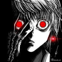 an anime character with red eyes and chain around his neck