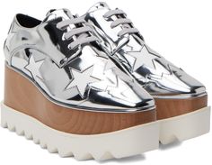 Patent faux-leather derbys in silver tone. · Graphic cutouts throughout · Square toe · Lace-up closure · FSC®-certified wood platform midsole · Treaded foam rubber sole · Platform: H2 · Heel: H3 Made from cruelty-free, non-animal materials. Supplier color: Indium/White Casual Loafers Women, Chunky Heels Casual, Star Crystal, Loafers Women, Platform Wedges Shoes, Chunky Shoes, Snake Patterns, Casual Loafers, Up Shoes