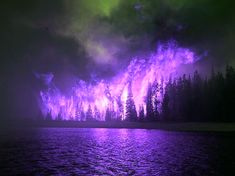 the sky is purple and green as it glows in the water near some trees