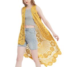 Add a touch of boho chic to your wardrobe with the Bohemian Crochet Lace Vest. This lightweight, open-front sleeveless cardigan features a stunning cut-out flower lace design, an asymmetric hem, and a loose, oversized fit that flatters all body types. Spring Beach Vest With Crochet Lace, Sleeveless Crochet Lace Vest For Spring, Crochet Lace Vest, Bohemian Lace Sleeveless Vest, Bohemian Style Sleeveless Crochet Lace Vest, Yellow Sleeveless Crochet Lace Top, Crop Denim Vest, Long Cardi, Bohemian Crochet