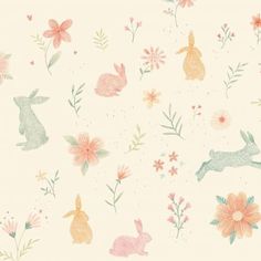 a wallpaper with flowers and rabbits on it