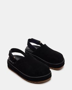 MELLOW Black Suede Slingback Platform Clog | Women's Flats – Steve Madden Black Clogs Outfit, Sneaker Heads, Clogs Outfit, Black Casual Shoes, Platform Clogs, Fall Fits, 2 Inch Heels, Women's Flats, Womens Clogs