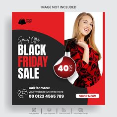 a black friday sale flyer with a woman in red and black dress holding an item