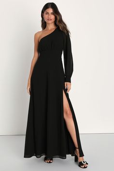 Elegant Black Dress - One-Shoulder Dress - A-Line Maxi Dress - Lulus One Sleeve Long Dress, Black Long Sleeve Bridesmaid Dress, One Sleeve Summer Formal Dress, Formal One-sleeve Summer Dress, Summer Formal One Shoulder Dress With Long Sleeve, One-sleeve Evening Maxi Dress, Elegant One-sleeve Formal Dress, Black One Shoulder Floor-length Party Dress, Black One-shoulder Floor-length Party Dress