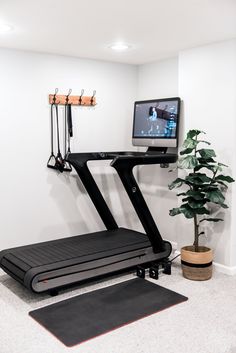 a treadmill with a monitor on the wall and a potted plant next to it