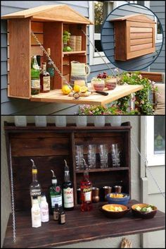 an old wooden cabinet turned into a bar for drinks and salads on the outside