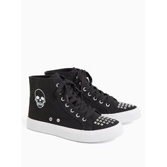 New With Tags Brand: Torrid Style: Black Skull High-Top Stud Fashion Sneaker Size: 12w Details: This Pair Of Sneakers Is Sure To Rock Out Your Next Ensemble With A Skull Graphic And Stud Details. Our Unique Fit Gives You An Extra Wide Width And Extra Room Around Your Whole Foot. Wide Round Toe; Stud Details Lace-Up Closure Skull Graphic Extra Cushioned Footbed; Rubber Outsole Man-Made Materials Note! Box May Not Be Included. Pet And Smoke-Free Environment Please Feel Free To Ask Questions Or For Black Skull Shoes, Plus Size High Tops, Skillet Shoes, Cobweb Shoe, Wide Sneakers, Stud Fashion, Espadrille Sneakers, Striped Sneakers, Floral Sneakers