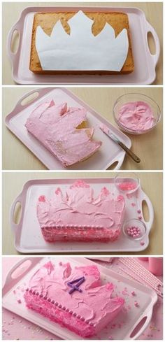 the process of making a heart shaped cake with pink icing and sprinkles