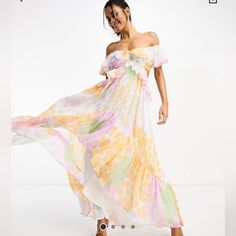 Worn Once To A Wedding For A Few Hours. Got So Many Compliments!!! So Pretty, Flowy And Comfortable Floral Design Off-Shoulder Style Zip-Back Fastening Regular Fit Yellow Floral Print Maxi Dress For Wedding, Yellow Maxi Dress With Ruffles For Wedding, Yellow Wedding Maxi Dress With Ruffles, Yellow Floral Print Dress For Wedding, Off The Shoulder Maxi Dress, Off Shoulder Fashion, Asos Dress, Floral Print Dress, High Low Dress