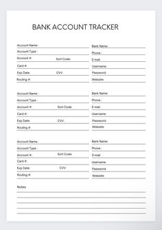 a blank bank account tracker is shown in this image, with the words bank account tracker on