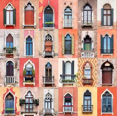 many different windows and balconies on an old building