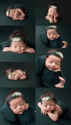 a collage of six photos of a baby sleeping on her mother's chest