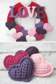 crocheted heart wreath with the word love on it and two pictures of hearts