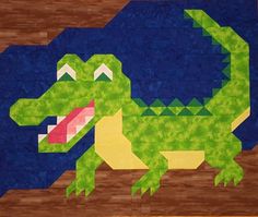 a green and yellow alligator on a blue background with wood flooring in the foreground