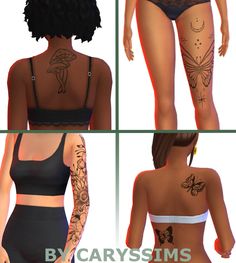 three different images of the back of a woman's body with tattoos on it