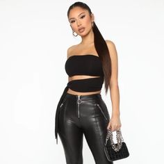 Fashion Nova Black Crop Tie Top- New With Tags Trendy Cropped Tube Top For Night Out, Black Edgy Tube Top For Club, Black Edgy Tube Top, Edgy Black Tube Top For Club, Casual Spring Tube Top For Club, Casual Spring Club Tube Top, Spring Casual Club Tube Top, Black Sleeveless Tube Top For Day Out, Sleeveless Black Tube Top For Day Out