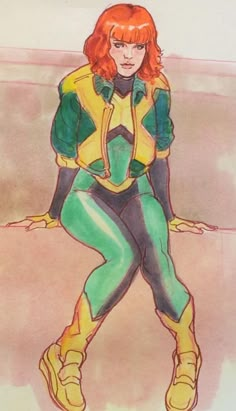 a drawing of a woman with red hair sitting on top of a floor wearing green and yellow