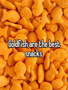 the words goldfish are the best snacks on a pile of yellow fish crackers