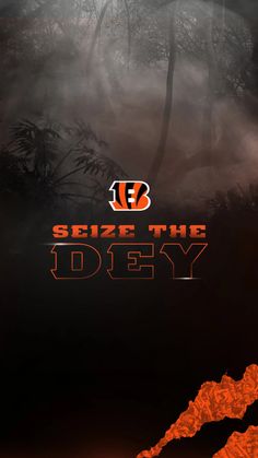 an orange and black poster with the words seize the diey on it's side