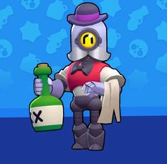 a cartoon character holding a bottle and wearing a hat with skulls on the wall behind him