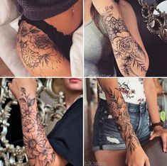 four pictures of different types of tattoos on women's arms and arm, both with flowers