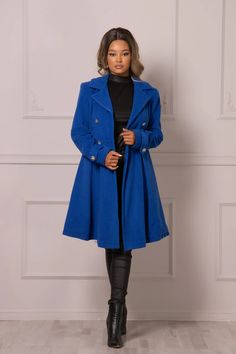 Royal Blue Coat Vintage Style Coat Fit and Flare Coat Short | Etsy Fall Knee-length Single-breasted Outerwear, Blue Double-breasted Wool Outerwear, Winter Wool Coat For Office, Winter Office Pea Coat In Solid Color, Blue Double-breasted Long Sleeve Pea Coat, Blue Double-breasted Outerwear For Winter, Solid Knee-length Winter Outerwear, Blue Double-breasted Wool Coat With Button Closure, Blue Long Wool Coat For Winter