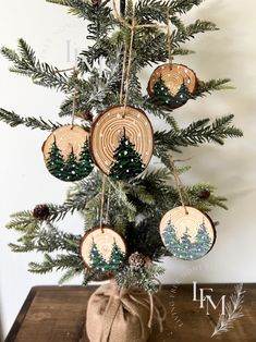 a small christmas tree with ornaments hanging from it's branches on a wooden table