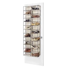 an over the door shoe rack with six pairs of shoes hanging on it's sides