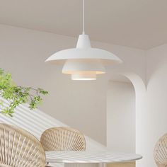 a table and chairs in a room with a plant hanging from the ceiling above it