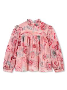 pink wool-cotton blend all-over floral print ruffle collar rear zip fastening long sleeves straight hem Chloe Kids, Toddler Tops, Children Fashion, Girls Blouse, Pink Accents, Sonia Rykiel, Ruffle Collar, Wool Skirts, Puffed Sleeves