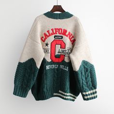 2021 Women Oversized Cardigans V Neck Letters Embroidery Casual Patchwork Loose Jumpers Thick Warm School Sweater Design, Loose Jumper, School Sweater, Letters Embroidery, Thick Cardigan, Patchwork Sweater, Cardigan Oversized, Spring Knits, Oversized Knit Cardigan