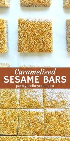 sesame candy squares are arranged in rows on a white surface with text overlay that reads sesame candy squares