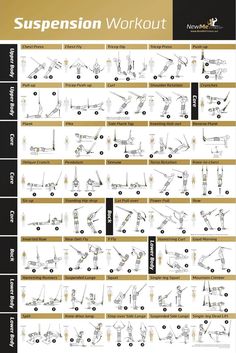 the suspension workout chart shows how to use it for strength and bodybuilding exercises, including