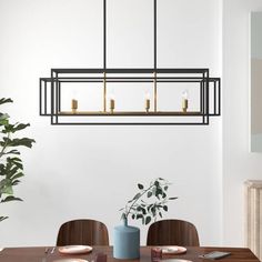 a dining room table and chairs with a plant in the center, hanging from an industrial style light fixture