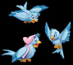 three blue birds with pink beaks are flying in the air, and one bird has two