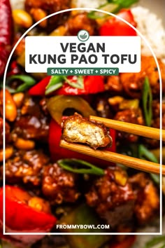 vegan kung pao tofu with chopsticks in it