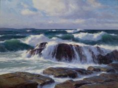 a painting of waves crashing over rocks in the ocean