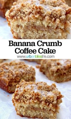 banana crumb coffee cake is cut in half and stacked on top of each other