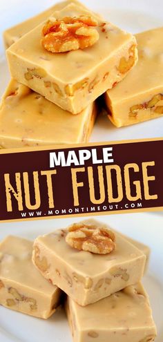 maple nut fudge on a white plate with text overlay that reads maple nut fudge