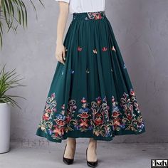 Fisdy - Embroidered A-line Skirt with High Waist, Cotton Linen Blend and Flowy Silhouette Elegant Midi Skirt, Navy Blue Skirt, Skirts Midi High Waisted, Winter Skirt, Red Skirts, Daily Dress, Blue Skirt, Green Skirt, Lace Mini Dress