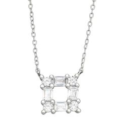 Made from alternating round- and square-cut cubic zirconia gemstones, this sterling silver square pendant is a dazzling complement to your wardrobe. Made from alternating round- and square-cut cubic zirconia gemstones, this sterling silver square pendant is a dazzling complement to your wardrobe. Pendant size: 18 mm x 18 mm Chain length: 16 in. + 2-in. extender Chain type: cable Metal: sterling silver Plating: rhodium Finish: polished Packaging: boxedSTONE DETAILS Stone type: cubic zirconia Tota Anniversary Diamond Necklace With Square Pendant, Diamond White Cubic Zirconia Rectangular Necklace, Square Pendant Diamond Necklace For Anniversary, Square Pendant Necklace With Baguette Diamonds, Silver Jewelry With Baguette Diamonds In Rectangular Shape, Cubic Zirconia Square Pendant Necklace In Fine Jewelry Style, Square Silver Cubic Zirconia Jewelry, Fine Jewelry Cubic Zirconia Square Pendant Necklace, Sterling Silver Diamond Necklace With Square Pendant