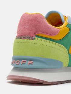 With a design inspired by the city of MUI NE, these sneakers offer the perfect combination with their bright yellow-orange tone contrasting with pastel green, clover green, and coral. The mix of materials such as suede, fabric, and contrasting rubber makes them a creative piece, with a unique design for your looks. They feature a padded effect on the front part of the fabric and a dose of comfort thanks to the memory foam insole. Don't miss the essence of each sneaker on the sole and elevate you Spring Multicolor Color Block Sneakers, Modern Green Sneakers For Spring, 90s Sneakers, Bright Sneakers, Sneaker Cleaner, Orange Tone, Colorful Sneakers, Paper Balls, Green Clover