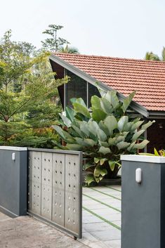 a house that has some plants in front of it and two trash cans on the sidewalk