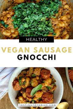 healthy vegan sausage gnocchini with spinach in a white bowl on a wooden table